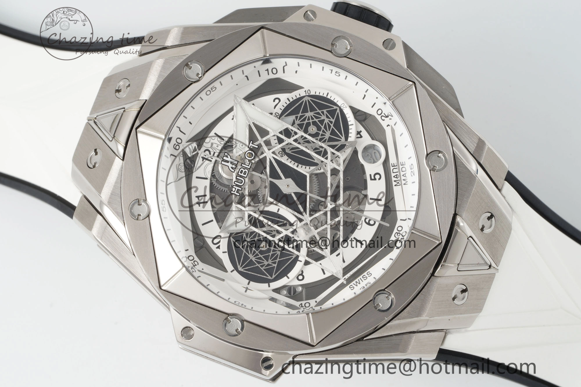 Big Bang Sang Bleu II Chrono SS BBF Best Edition White Dial on White Gummy Strap A7750
