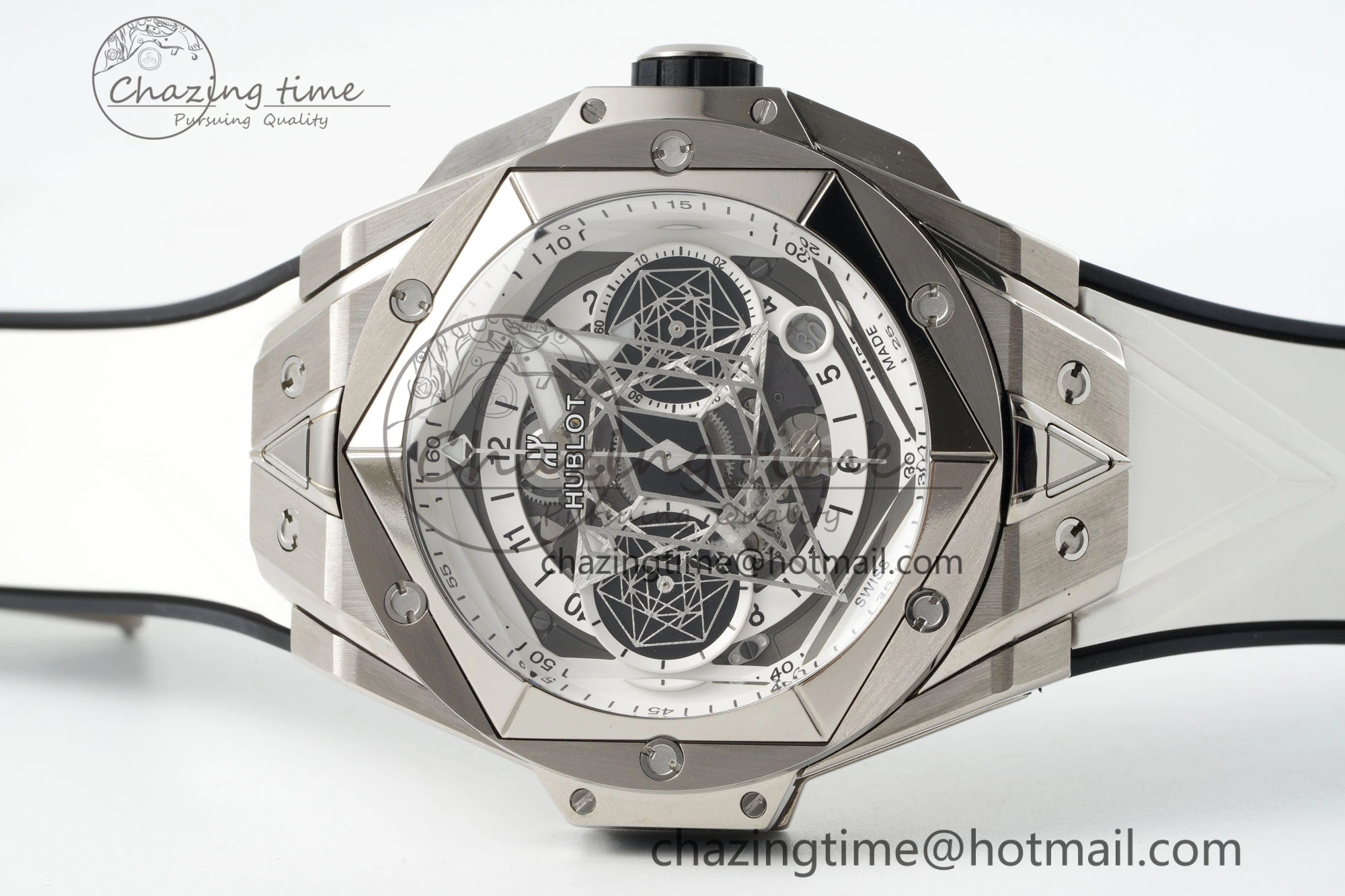 Big Bang Sang Bleu II Chrono SS BBF Best Edition White Dial on White Gummy Strap A7750