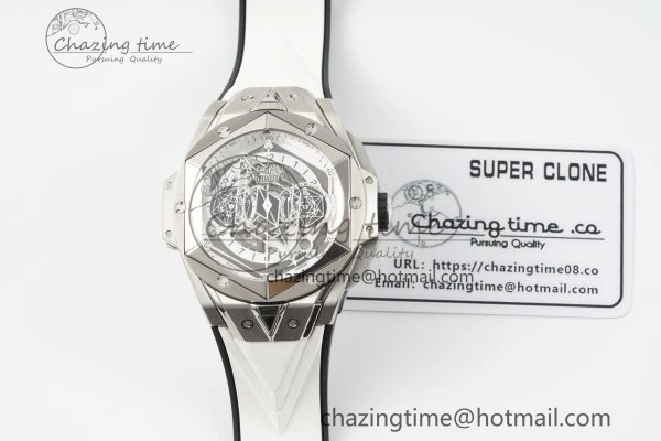 Big Bang Sang Bleu II Chrono SS BBF Best Edition White Dial on White Gummy Strap A7750