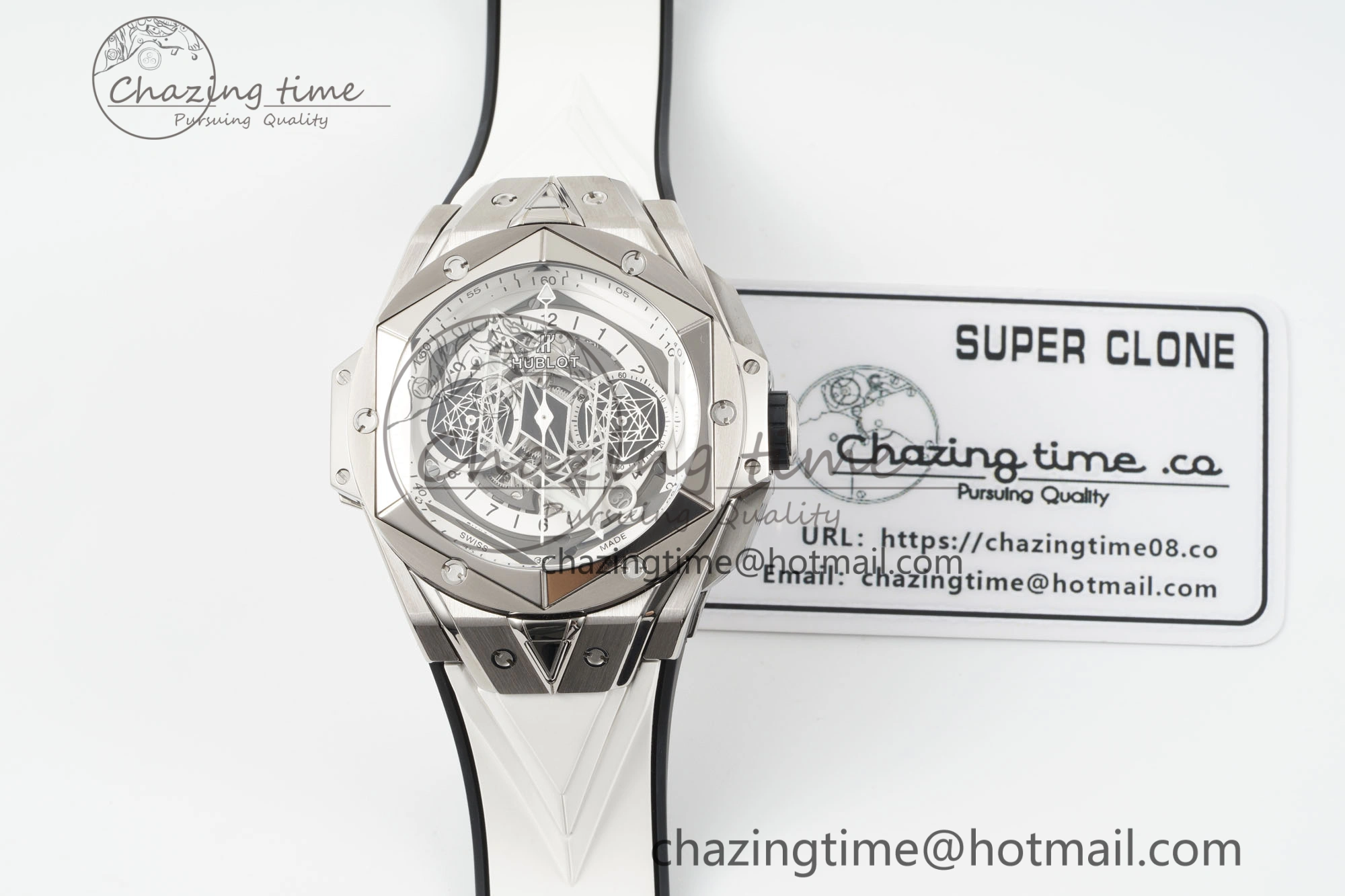 Big Bang Sang Bleu II Chrono SS BBF Best Edition White Dial on White Gummy Strap A7750