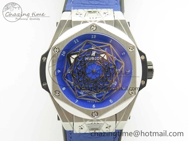 Big Bang Sang Bleu SS TMF 1:1 Best Edition Blue Skeletonal Dial On Blue Gummy Strap Asian HB1213