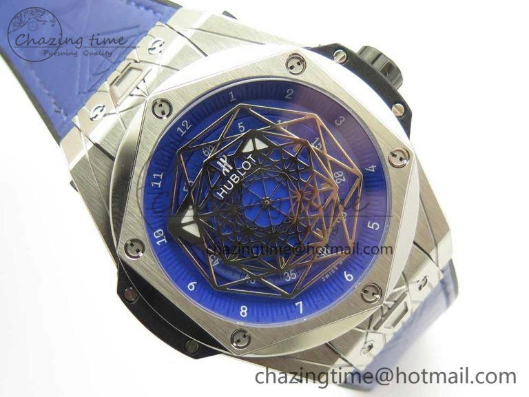 Big Bang Sang Bleu SS TMF 1:1 Best Edition Blue Skeletonal Dial On Blue Gummy Strap Asian HB1213