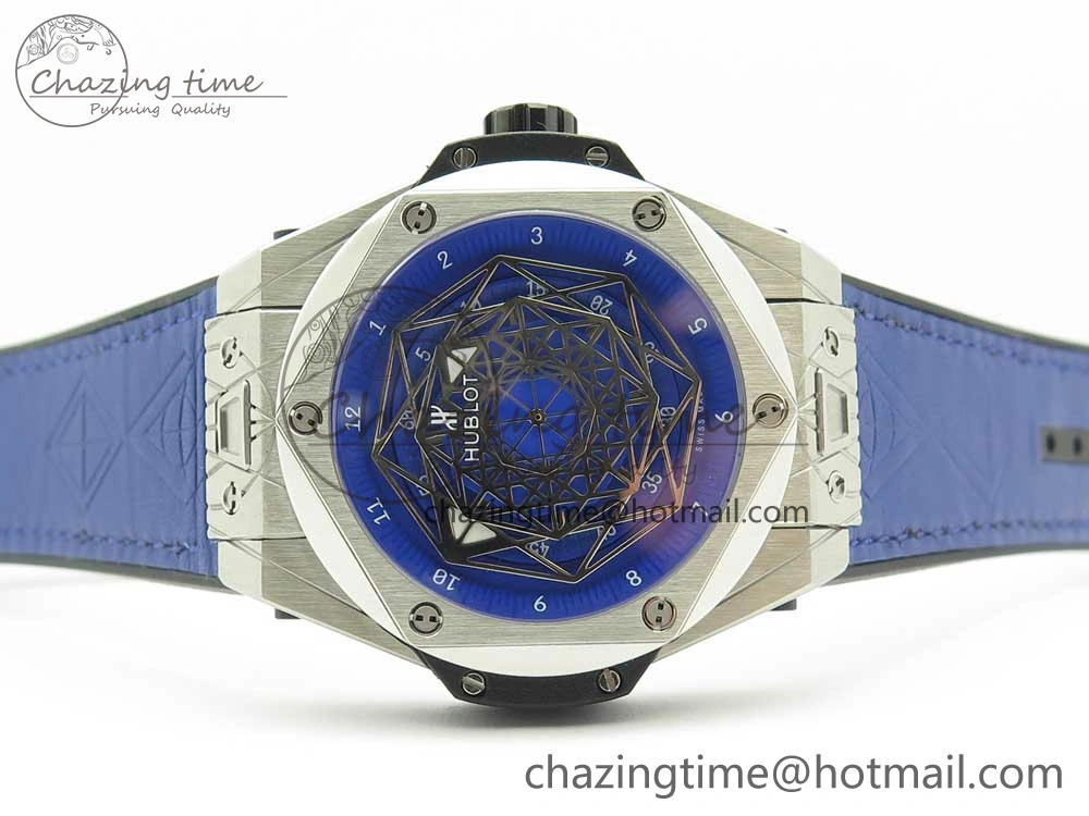 Big Bang Sang Bleu SS TMF 1:1 Best Edition Blue Skeletonal Dial On Blue Gummy Strap Asian HB1213