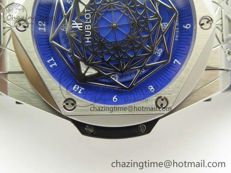 Big Bang Sang Bleu SS TMF 1:1 Best Edition Blue Skeletonal Dial On Blue Gummy Strap Asian HB1213