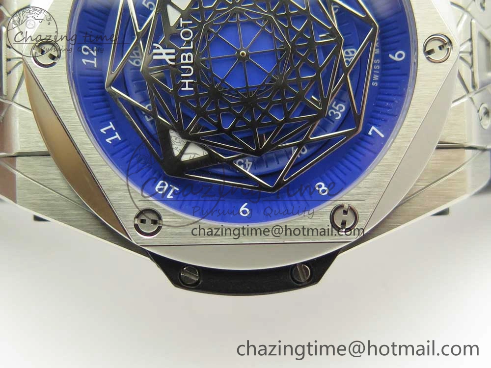 Big Bang Sang Bleu SS TMF 1:1 Best Edition Blue Skeletonal Dial On Blue Gummy Strap Asian HB1213