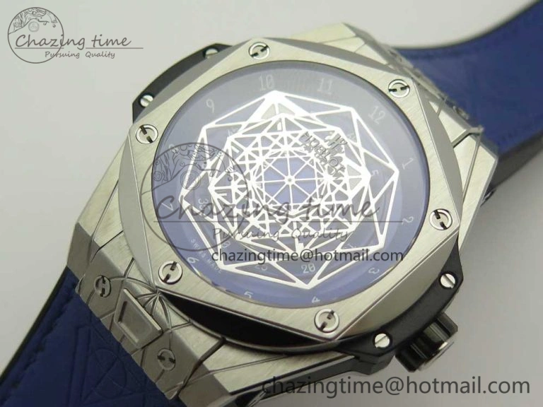 Big Bang Sang Bleu SS TMF 1:1 Best Edition Blue Skeletonal Dial On Blue Gummy Strap Asian HB1213