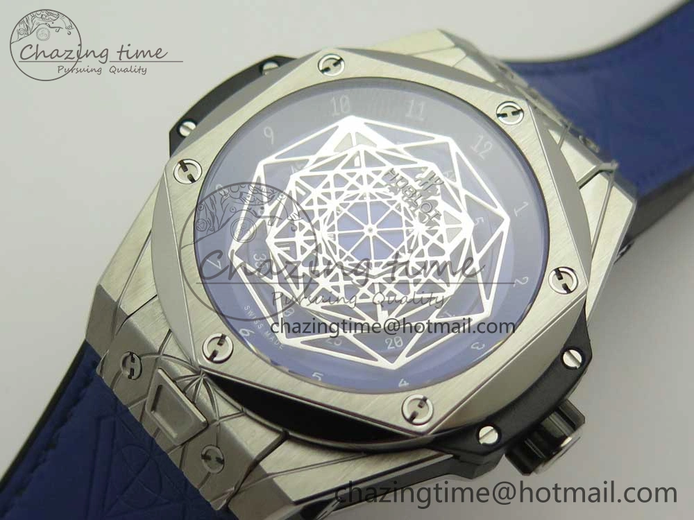 Big Bang Sang Bleu SS TMF 1:1 Best Edition Blue Skeletonal Dial On Blue Gummy Strap Asian HB1213