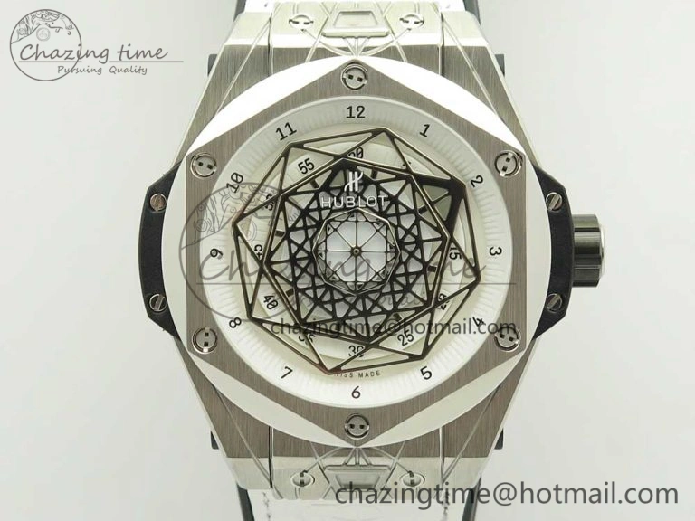 Big Bang Sang Bleu SS TMF 1:1 Best Edition White Skeletonal Dial On White Gummy Strap Asian HB1213