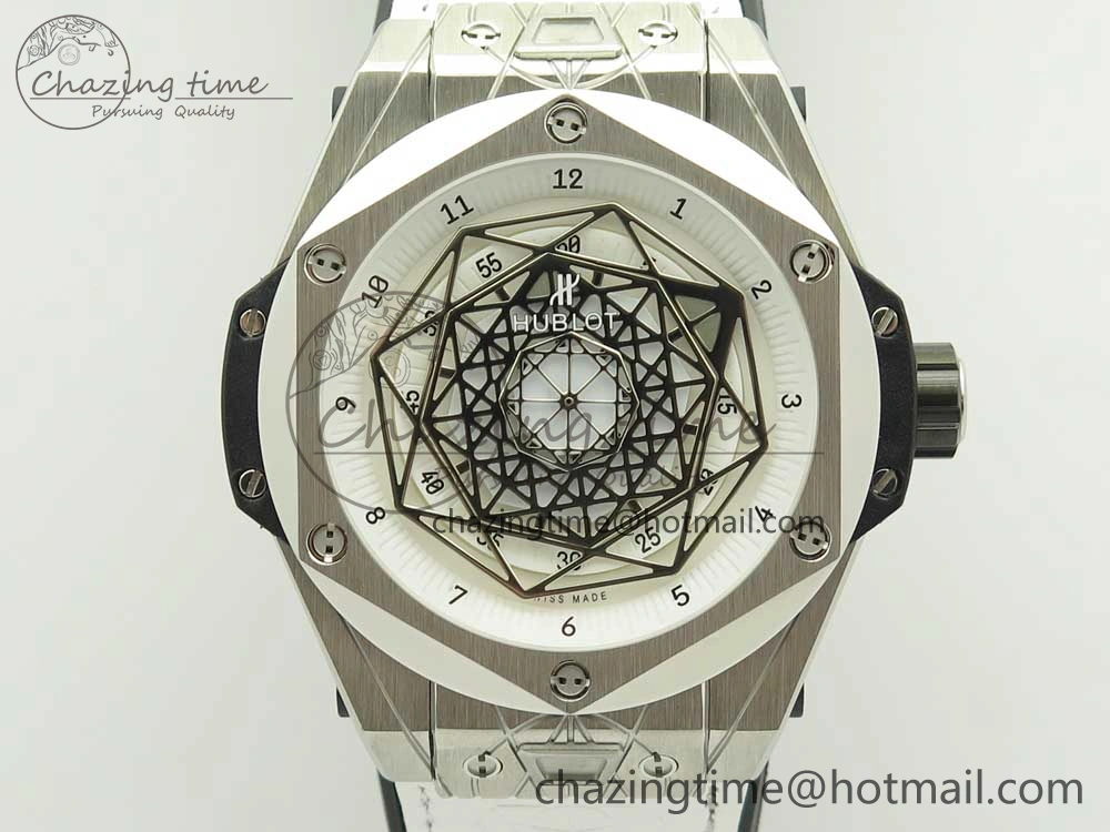 Big Bang Sang Bleu SS TMF 1:1 Best Edition White Skeletonal Dial On White Gummy Strap Asian HB1213