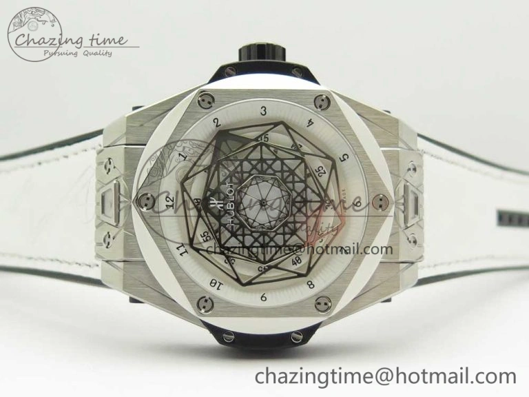 Big Bang Sang Bleu SS TMF 1:1 Best Edition White Skeletonal Dial On White Gummy Strap Asian HB1213