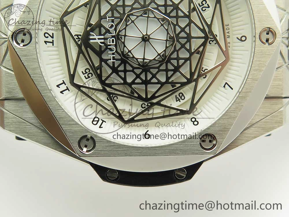 Big Bang Sang Bleu SS TMF 1:1 Best Edition White Skeletonal Dial On White Gummy Strap Asian HB1213