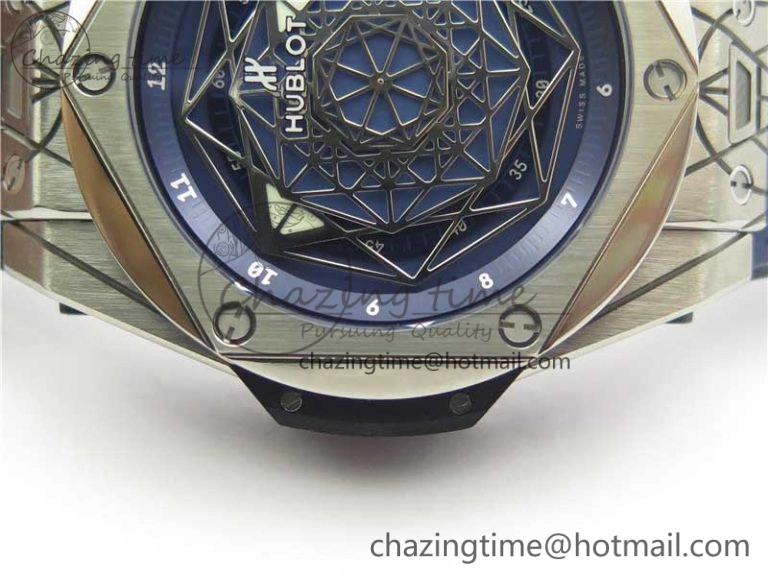 Big Bang Sang Bleu Ti WWF 1:1 Best Edition Blue Skeletonal Dial On Blue Gummy Strap Asian HB1213