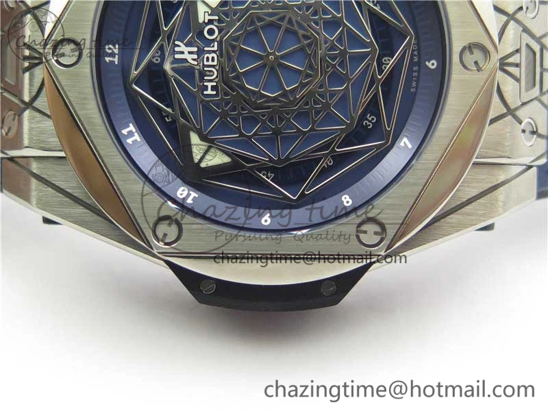 Big Bang Sang Bleu Ti WWF 1:1 Best Edition Blue Skeletonal Dial On Blue Gummy Strap Asian HB1213