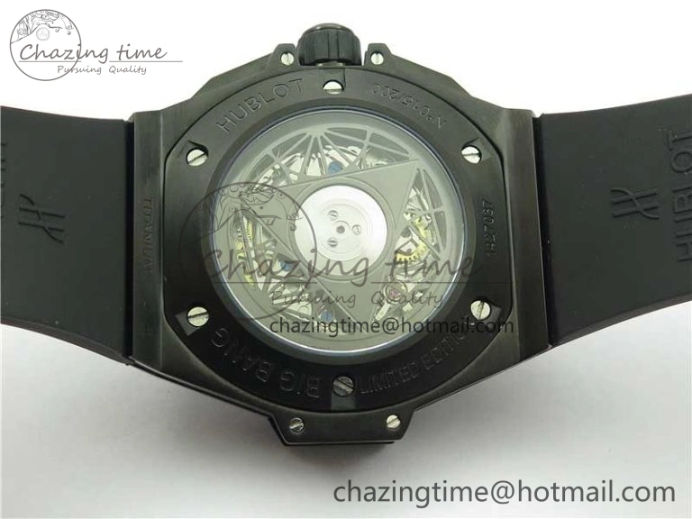 Big Bang Sang Bleu chrono DLC B50 Black Skeletonal Dial On Rubber Strap Asian 7750