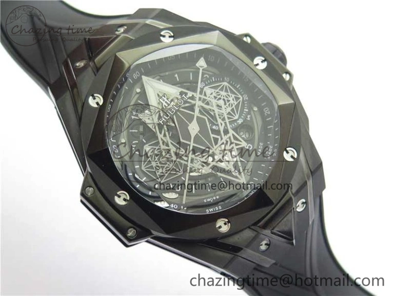 Big Bang Sang Bleu chrono DLC B50 Black Skeletonal Dial On Rubber Strap Asian 7750