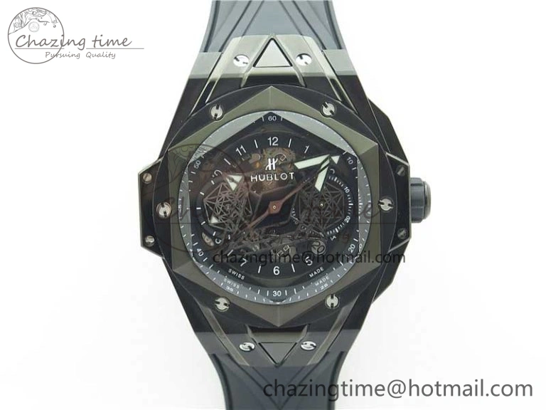 Big Bang Sang Bleu chrono DLC B50 Black Skeletonal Dial On Rubber Strap Asian 7750