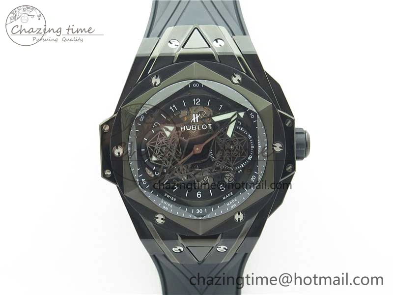 Big Bang Sang Bleu chrono DLC B50 Black Skeletonal Dial On Rubber Strap Asian 7750