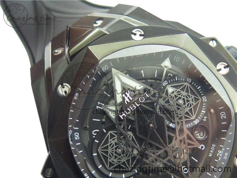 Big Bang Sang Bleu chrono DLC B50 Black Skeletonal Dial On Rubber Strap Asian 7750