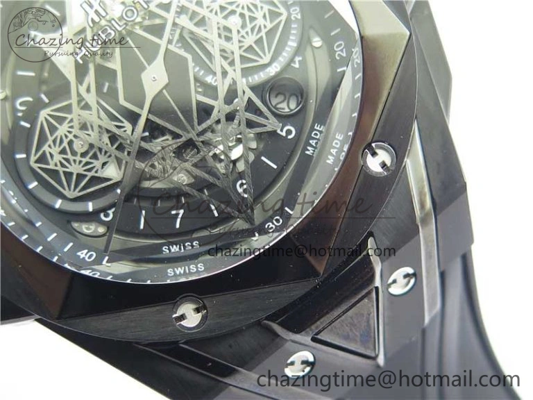 Big Bang Sang Bleu chrono DLC B50 Black Skeletonal Dial On Rubber Strap Asian 7750