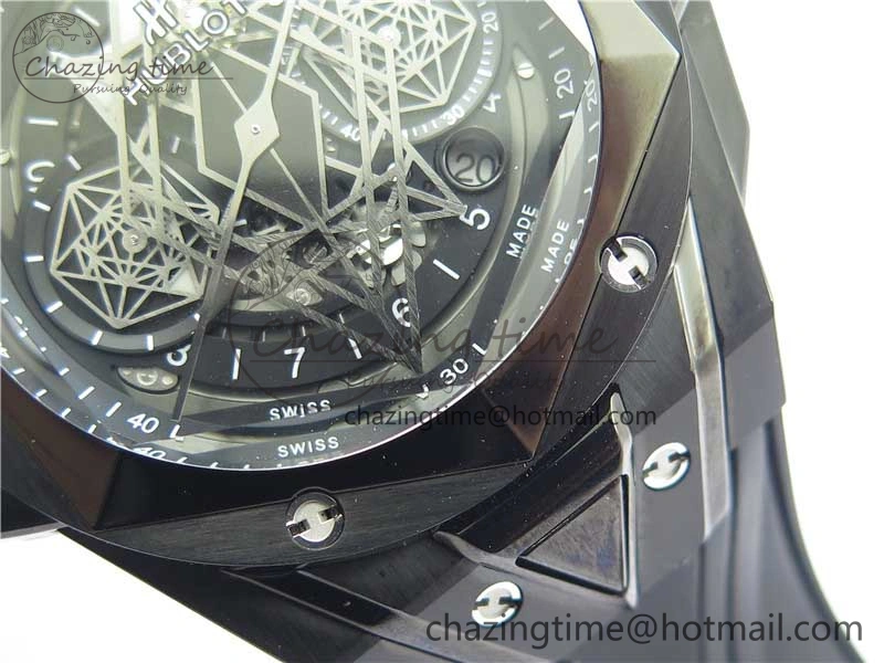 Big Bang Sang Bleu chrono DLC B50 Black Skeletonal Dial On Rubber Strap Asian 7750