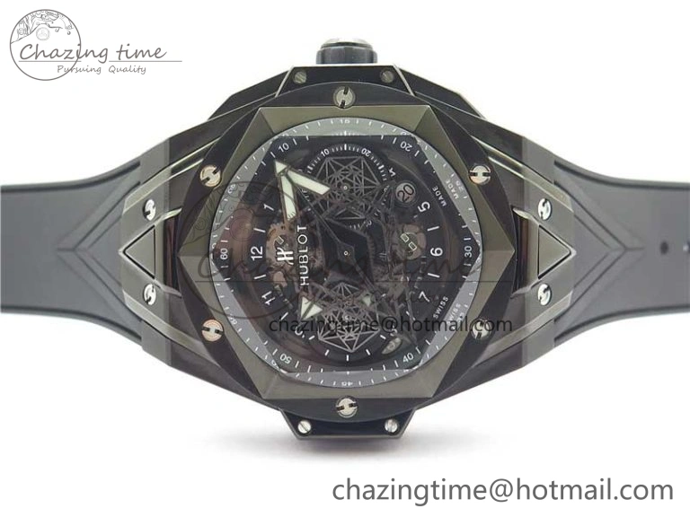 Big Bang Sang Bleu chrono DLC B50 Black Skeletonal Dial On Rubber Strap Asian 7750