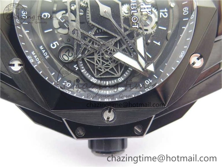 Big Bang Sang Bleu chrono DLC B50 Black Skeletonal Dial On Rubber Strap Asian 7750