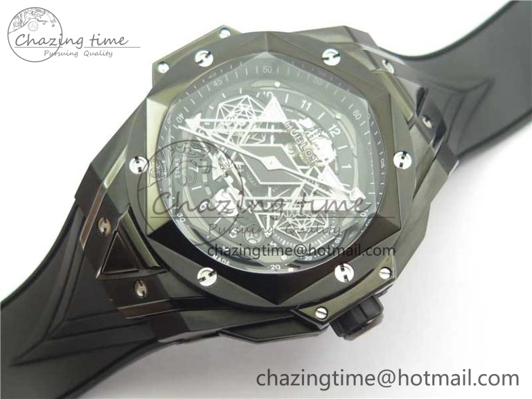 Big Bang Sang Bleu chrono DLC B50 Black Skeletonal Dial On Rubber Strap Asian 7750
