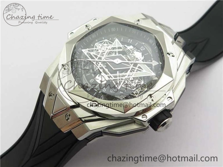 Big Bang Sang Bleu chrono SS B50 Black Skeletonal Dial On Rubber Strap Asian 7750