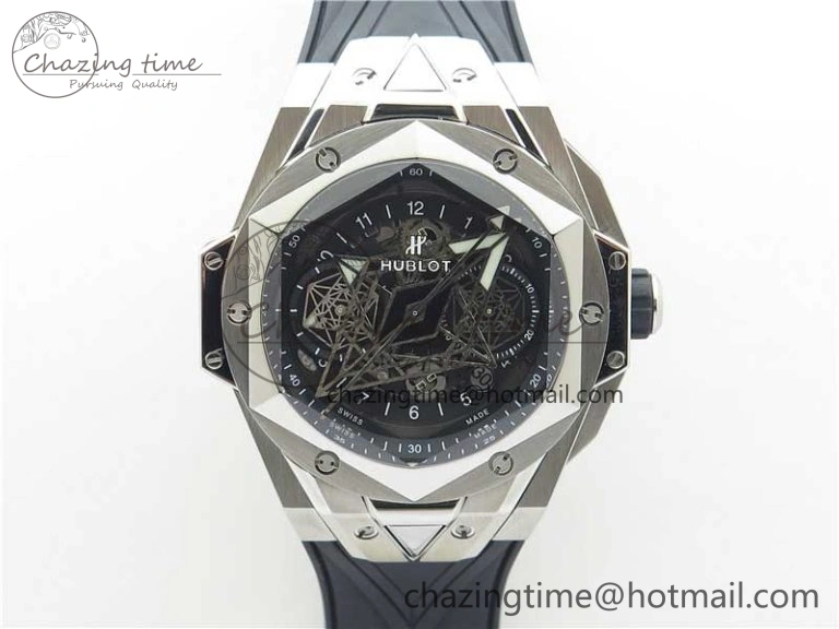 Big Bang Sang Bleu chrono SS B50 Black Skeletonal Dial On Rubber Strap Asian 7750