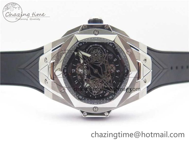 Big Bang Sang Bleu chrono SS B50 Black Skeletonal Dial On Rubber Strap Asian 7750