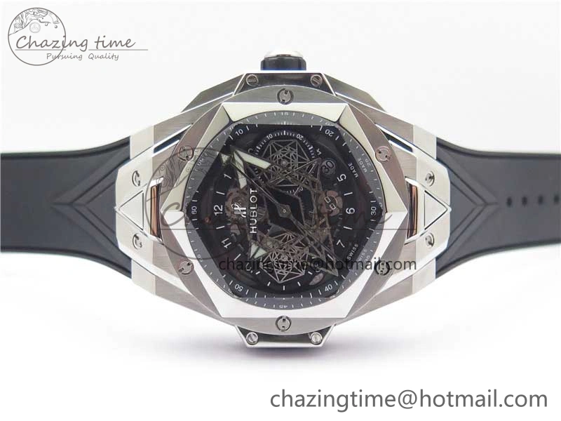 Big Bang Sang Bleu chrono SS B50 Black Skeletonal Dial On Rubber Strap Asian 7750