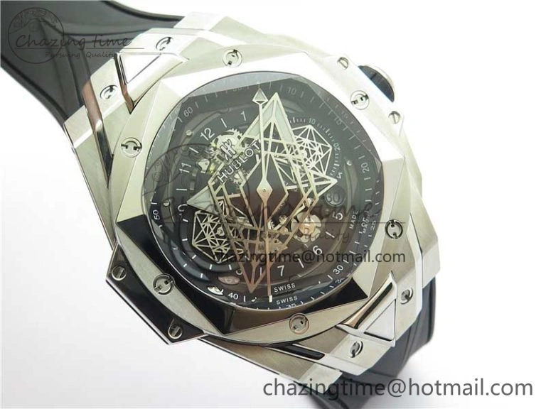 Big Bang Sang Bleu chrono SS B50 Black Skeletonal Dial On Rubber Strap Asian 7750