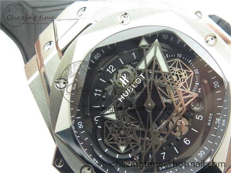 Big Bang Sang Bleu chrono SS B50 Black Skeletonal Dial On Rubber Strap Asian 7750