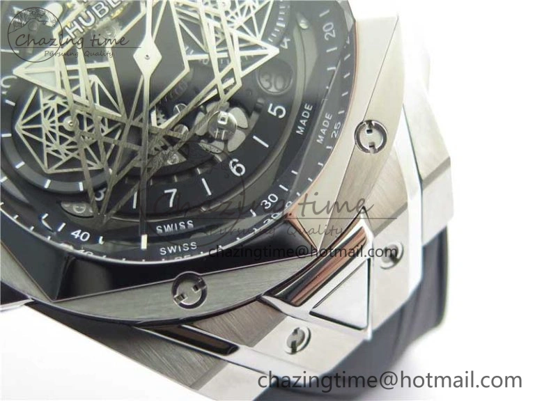 Big Bang Sang Bleu chrono SS B50 Black Skeletonal Dial On Rubber Strap Asian 7750