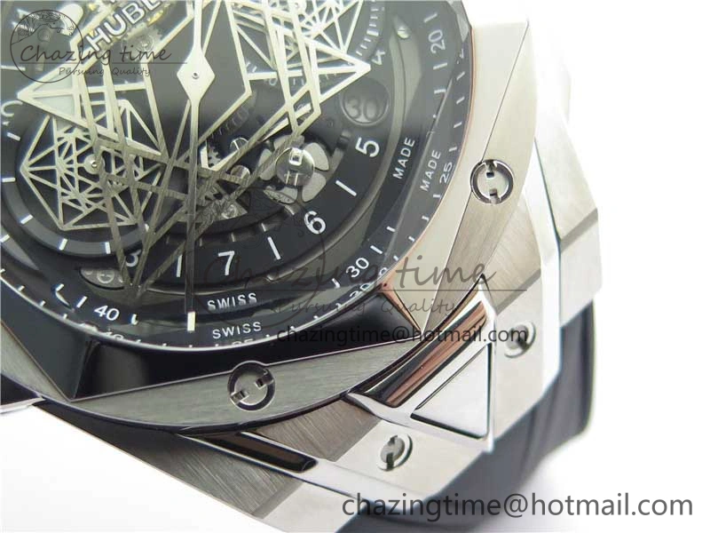 Big Bang Sang Bleu chrono SS B50 Black Skeletonal Dial On Rubber Strap Asian 7750