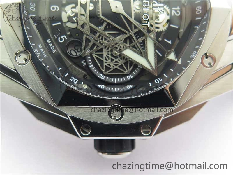 Big Bang Sang Bleu chrono SS B50 Black Skeletonal Dial On Rubber Strap Asian 7750