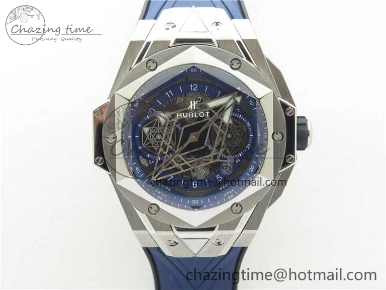 Big Bang Sang Bleu chrono SS B50 Blue Skeletonal Dial On Rubber Strap Asian 7750