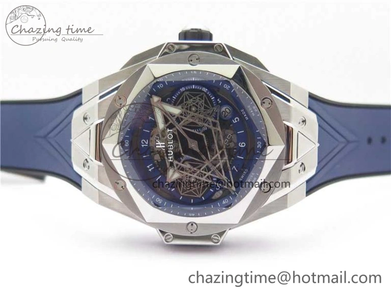 Big Bang Sang Bleu chrono SS B50 Blue Skeletonal Dial On Rubber Strap Asian 7750
