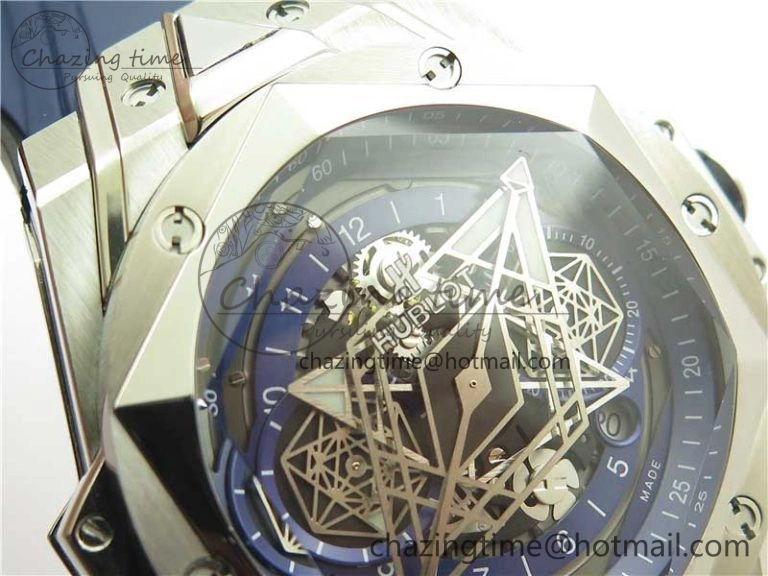 Big Bang Sang Bleu chrono SS B50 Blue Skeletonal Dial On Rubber Strap Asian 7750