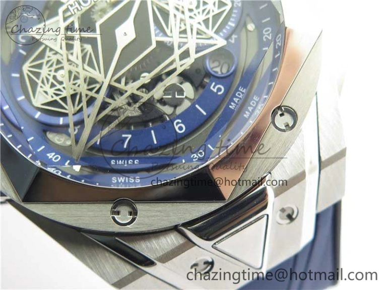 Big Bang Sang Bleu chrono SS B50 Blue Skeletonal Dial On Rubber Strap Asian 7750