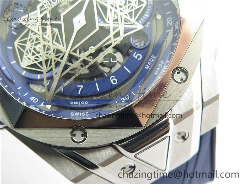 Big Bang Sang Bleu chrono SS B50 Blue Skeletonal Dial On Rubber Strap Asian 7750