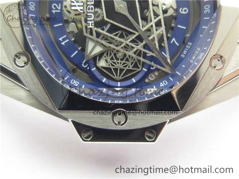 Big Bang Sang Bleu chrono SS B50 Blue Skeletonal Dial On Rubber Strap Asian 7750