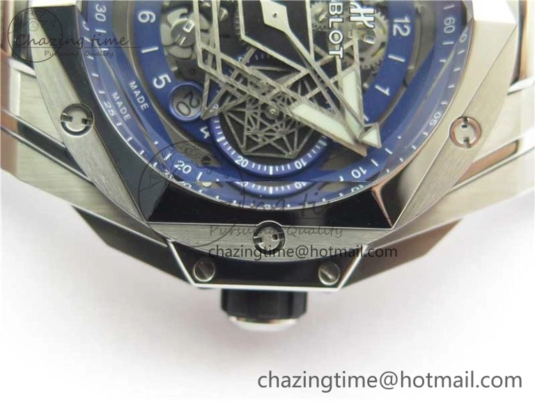 Big Bang Sang Bleu chrono SS B50 Blue Skeletonal Dial On Rubber Strap Asian 7750