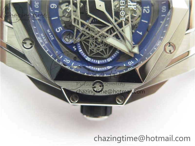 Big Bang Sang Bleu chrono SS B50 Blue Skeletonal Dial On Rubber Strap Asian 7750