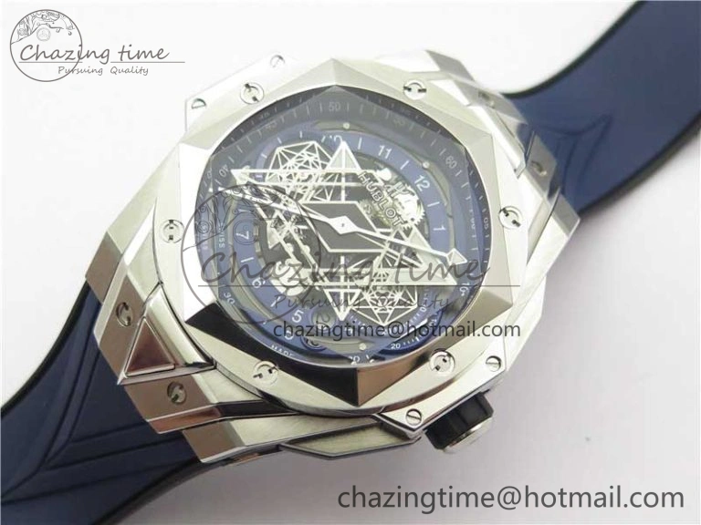 Big Bang Sang Bleu chrono SS B50 Blue Skeletonal Dial On Rubber Strap Asian 7750