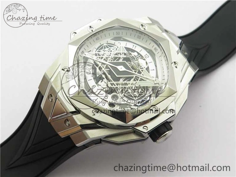 Big Bang Sang Bleu chrono SS B50 White Skeletonal Dial On Gummy Strap Asian 7750