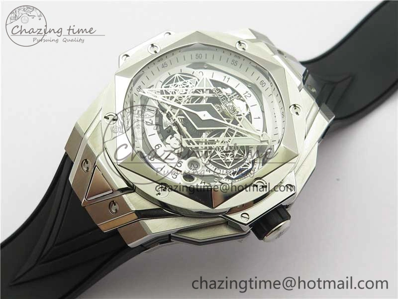 Big Bang Sang Bleu chrono SS B50 White Skeletonal Dial On Gummy Strap Asian 7750