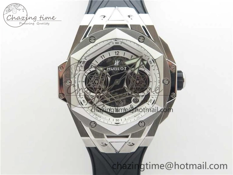 Big Bang Sang Bleu chrono SS B50 White Skeletonal Dial On Gummy Strap Asian 7750