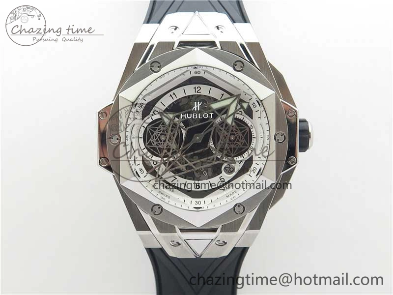 Big Bang Sang Bleu chrono SS B50 White Skeletonal Dial On Gummy Strap Asian 7750