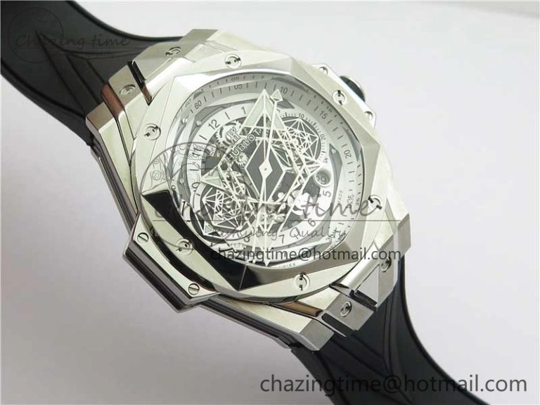 Big Bang Sang Bleu chrono SS B50 White Skeletonal Dial On Gummy Strap Asian 7750